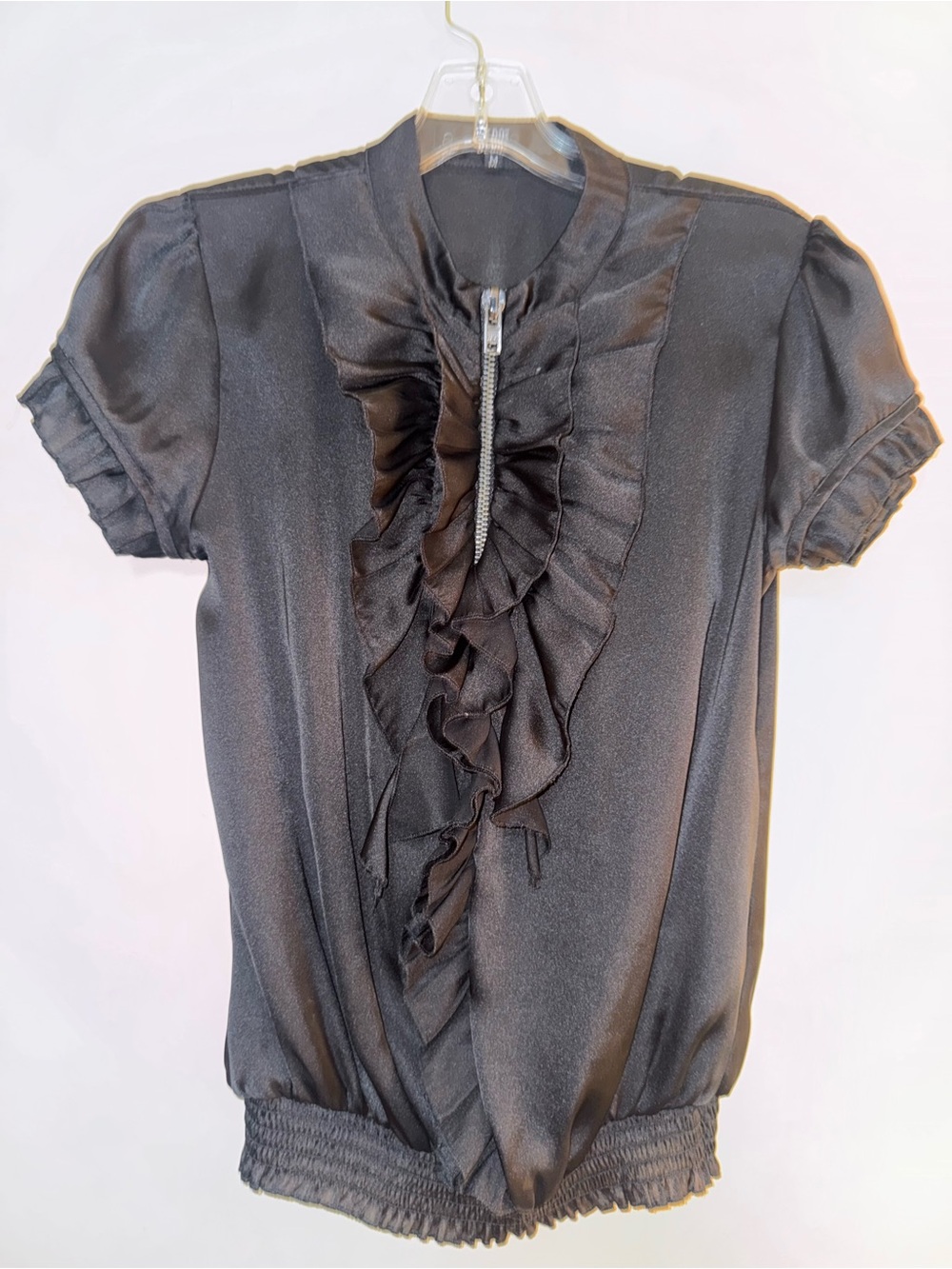 Bedo - Black Ruffled Short-Sleeve Blouse with Front Zip and elastic hem M